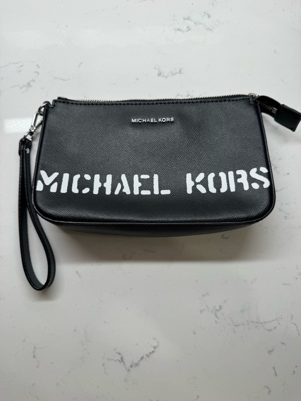Michael Kors Black Leather Wristlet Pouch with White Logo Print